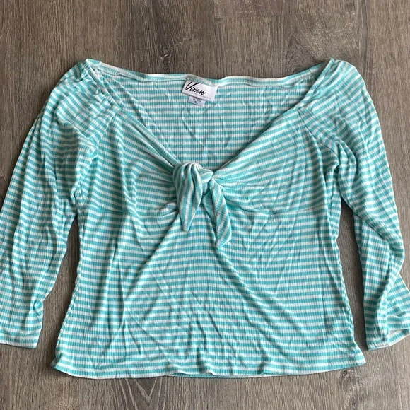 Vixen by Micheline Pitt Striped Knot-Front Tops in set of 3 Pink, Aqua & Black - Picture 3 of 7